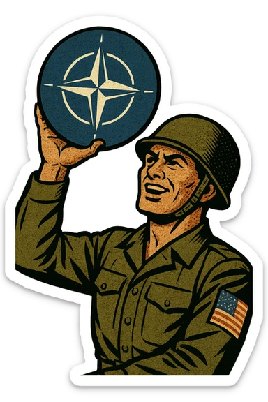 A 1940s American male soldier in uniform holding up a NATO emblem sticker