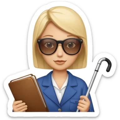 A blind person wearing sunglasses and holding a guide cane sticker