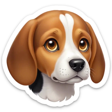 Cinematic Cute Beagle Portrait Emoji, Head tilted playfully and inquisitively, featuring a soft tri-color coat of white, brown, and black with floppy ears, round, sparkling hazel eyes filled with curiosity, Simplified yet irresistibly adorable features, highly detailed, glowing with a warm, friendly glow, high shine, affectionate and lively, stylized with a touch of whimsy, bright and endearing, soft glowing outline, capturing the essence of a mischievous yet loving pup, so playful it feels like it could bound out of the screen and into your arms! sticker