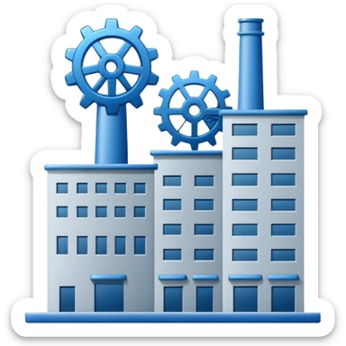"A minimalist vector icon of a modern manufacturing factory building with a gear symbol above it. Blue and grey color scheme, flat design, white background, simple thick lines, professional business logo style." sticker