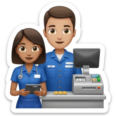 Supermarket employee at a cash register, full body, serving a man sticker