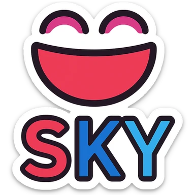 Discord game alliance logo for 'SKY' modern minimal style, laughing mouth or face, palette red pink violet blue, cleanly integrated word 'SKY', fun approachable focus sticker