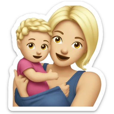 blonde MOM plays with baby sticker