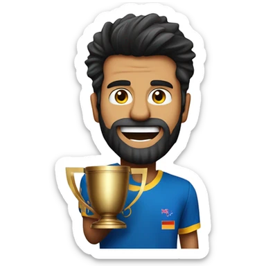 a 21 age old men lifting a world cricker cup with name rithvik and number 1 sticker