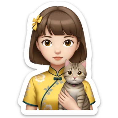 girl with brown hair and bangs wearing yellow qipao with gray tabby cat sticker