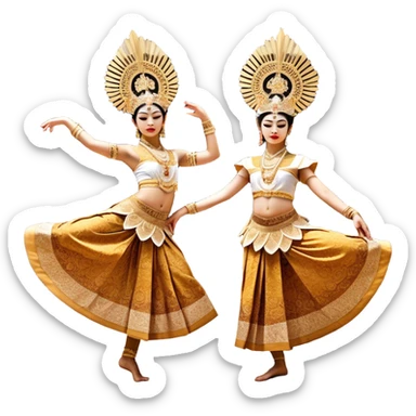​Cinematic Realistic Traditional Javanese Dancers, depicted as two graceful dancers in ornate traditional costumes with intricate batik patterns and elaborate headpieces, captured in dynamic poses during a ritual dance in an ancient temple courtyard, rendered with soft golden lighting and rich cultural textures, sticker
