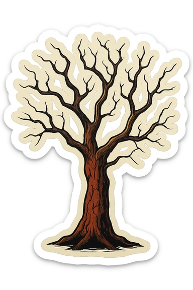 old tree with very thin twisted branches, brown-red cracked bark, sharp black outlines, clear shadows and highlights, retro stickers style, no gradients, eerie atmosphere sticker