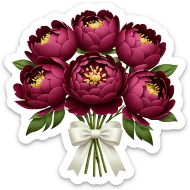 Big bouquet of burgundy peonies with a white satin ribbon sticker