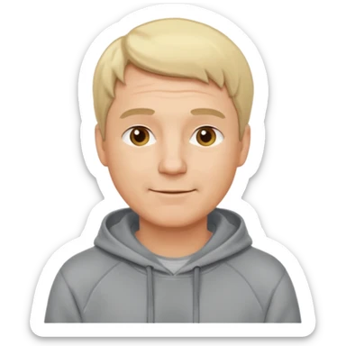 middle aged man, short blonde hair, wearing a hoodie, cheerful look sticker