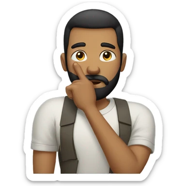 A guy with his finger in his mouth making the silence sign, black short hair, beard sticker