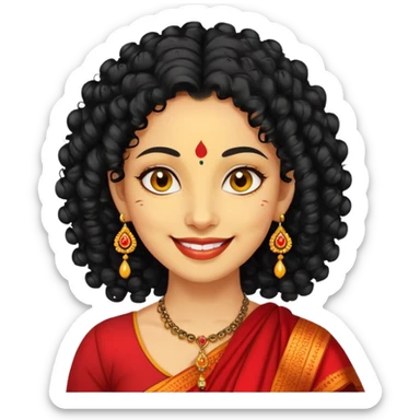 "- Phụ nữ
- 35 tuổi
- Da vàng
- Tóc đen xoăn nhẹ
- Có chấm đỏ Bindi, đeo khuyên tai
- Mặt cười
" sticker