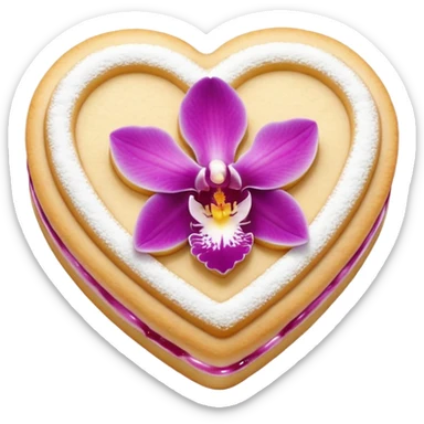 Realistic shortbread cookie in the shape of a heart with orchid color jelly middle filling and sprinkled powder sugar on top. sticker