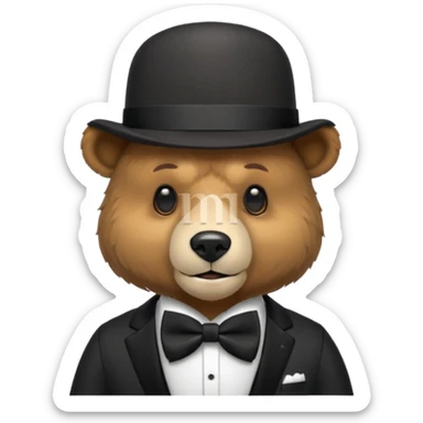 Un animatronico que es un oso con gorro elegante y moño negro sticker