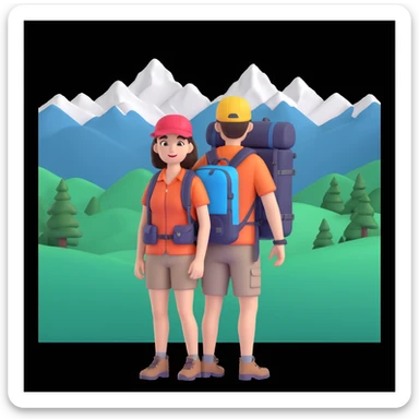 back packer couple posing, mountains in background,   close up pose sticker