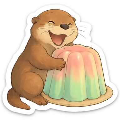 laughing otter hugging pastel jelly cake, soft Ghibli style sticker