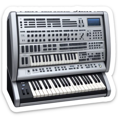 Create a professional and artistic emoji that represents writing music tracks. The design should feature a large monitor displaying musical notes or a score, positioned in front of a professional Korg synthesizer. Add elements like studio headphones, a MIDI keyboard, and an audio interface to symbolize the tools used in music production. Use sleek, modern colors like silver, black, and neon accents to convey the professional environment of music composition. The background should be transparent. sticker