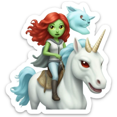 [politically incorrect
	{ woman: alien, color: light green, hair:red, eyes:cat} ]
	on a 
	[{ unicorn: white, legged:four, mane: light blue }] sticker