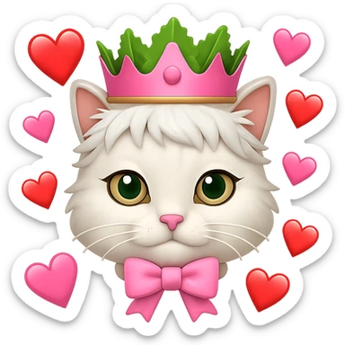 Add hearts around a white cat with a pink bow and a green lettuce crown in emoji style, no background. sticker