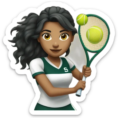 indian girl teenager playing tennis wearing a michigan state spartan uniform with wavy black hair sticker