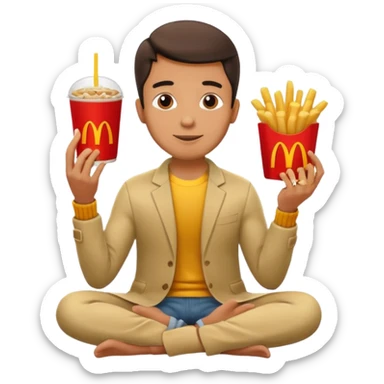 man in lotus pose eating McDonalds burger and fries sticker