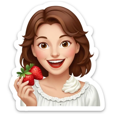woman with long brown hair eating strawberries and whipped cream, laughing elegant cute sticker