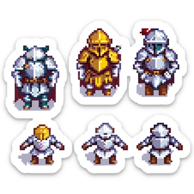 A pixel art knight in armor with a closed helmet, expressing surprise. The knight's arms and legs are in different positions. The image is portrait-sized and has a clear outline. sticker
