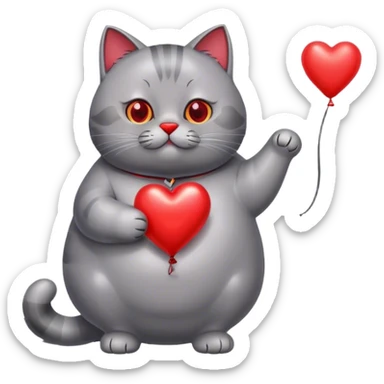 gray fat British cat and red heart metallic baloon sticker