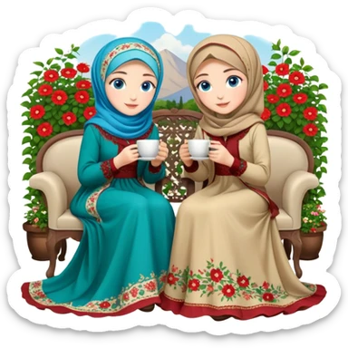 Turkish beautiful finish Konya girls blue eyes with Beautiful beige red green floral hijab long tail dress and this two friends sit in a lovely garden on the chair on the ground and holds cup coffe with her hand  sticker