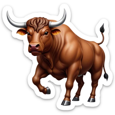 Cinematic Realistic depiction of a powerful Spanish charging bull, rendered with dynamic muscle definition and detailed, textured hide, set against a dramatic backdrop with intense, action-packed lighting sticker