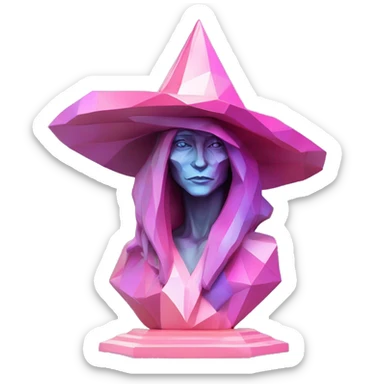 standalone sculpture Mage Witch Hat is geometric, faceted design. The sculpture is standing upright on a base with angular and Alphonse Mucha style. The vibrant midtone tints of pastels and pink highlights the sharp edges and planes.  sticker