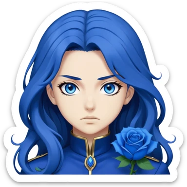 head portrait of anime girl with long dark blue hair, blue rose in hair, bright blue eyes, dramatic JoJo's Bizarre Adventure style, bold outlines, intense expression sticker