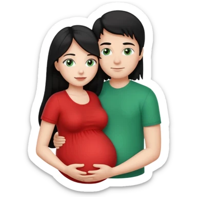 Make a couple emoji they are 18. The girl has long black hair and blue eyes and is hugging a pregnant boy with light brown hair and green eyes they are both wearing red top. They are both white  sticker