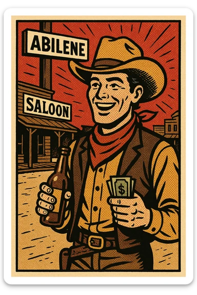 An American West cowboy standing in the Wild West town of Abilene in front of a saloon.  There is a street sign saying Abilene. The cowboy is holding a bottle of beer and his pay looking happy. sticker