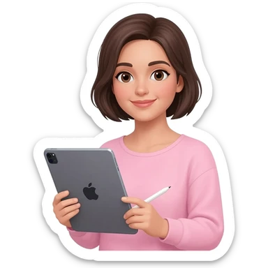 Brune aux cheveux court sans frange qui prend son temps tout doucement avec son grand iPad et un Apple Pencil. Vêtements rose pale sticker