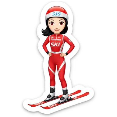 Ski racer woman red white dress with the name STEPHANIE on the dress black hair smile sticker
