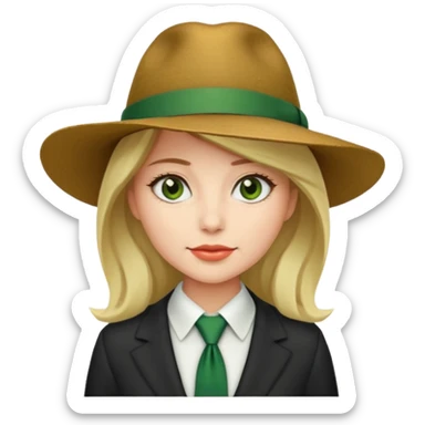 Woman in wide-brim hat & green tie sticker