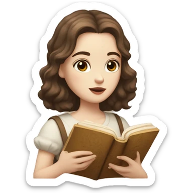 pale girl with short brown wavy hair and darkened eyes, she is serious and reading an ancient book with a loaf of bread sticker