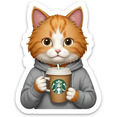 Cat wearing a hoodie and has a Starbucks sticker