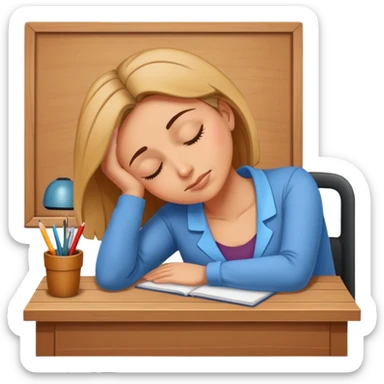Tired woman teacher sleeping with head on desk sticker