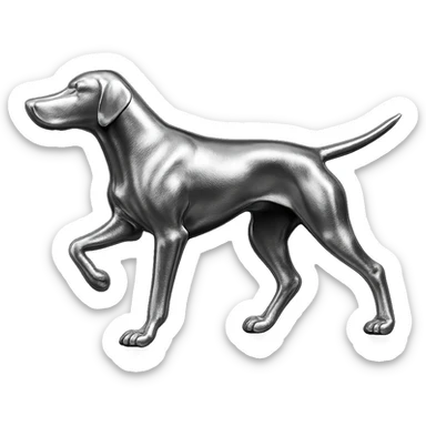               Apply a high-end, photorealistic metallic chrome material to the provided {subject}. The material should have a smooth, slightly curved surface with subtle reflections and soft shadows, resembling brushed or polished silver metal. Preserve the exact shape, proportions, and design of the original object. Set it against a solid black background (#000000) in 8K resolution. The lighting should enhance the beveled edges and reflective highlights, creating a sleek, premium finish. {subject} = dog pointing left sticker