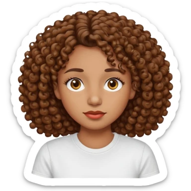 
professional, curly brown lady with hazel eyes, a little dot on the top of the left lip, a normal t shirst sticker