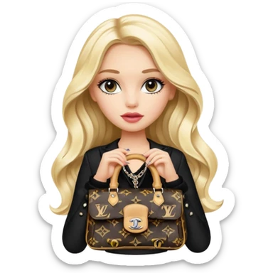 fashionable blonde girl with long wavy hair, Bratz Chloe inspired, in Chanel logo black and white two-piece, with a Louis Vuitton handbag, emoji style sticker