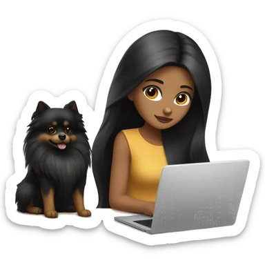 girl with long black hair, white skin, brown eyes, working on laptop, while her black-and-tan pomeranian is next to her sticker