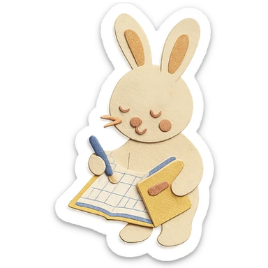 highly detailed, high quality paper craft style illustration of a cream-colored bunny standing and writing in a planner, intricate textures, soft lighting, delicate cut-paper details sticker