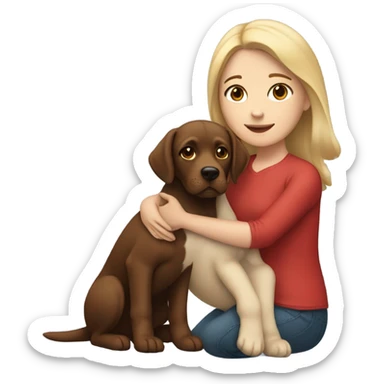 Black haired white girl holding red lab dog sticker