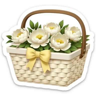 White Picnic basket with pastel yellow bow and white peonies inside sticker