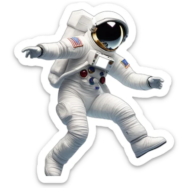Man doing michael jackson moonwalk dance move, in astronaut suit without helmet. The man has a moon as his head sticker