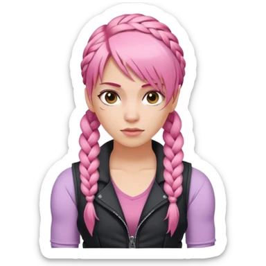 Woman with braided pink hair with an asymmetrical bang, wearing a sleeveless vest and flexing sticker
