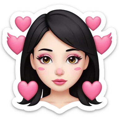 “Emoji girl, pastel pink streaks in black hair hair, bold winged eyeliner, heavy blush on cheeks and nose bridge, under-eye hearts, glossy pink lips, playful smirk.” sticker