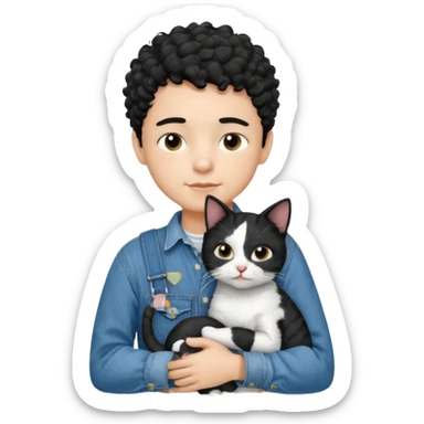 Apple emoji of a 13 year old boy with short black curly hair and dark brown eyes of light skin with denim shirt and overalls hugging a black and white cat sticker